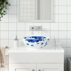 vidaXL Aufsatzwaschbecken Weiß und Blau Rund Ø41x14 cm Keramik