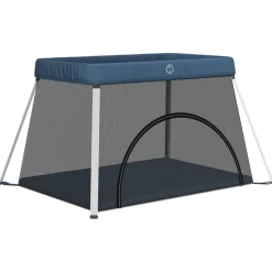 vidaXL Baby-Laufstall mit Matratze Marineblau Leinenstoff