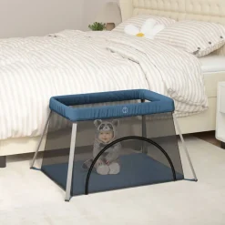 vidaXL Baby-Laufstall mit Matratze Marineblau Leinenstoff