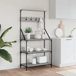 vidaXL Bäckerregal mit Haken 4 Böden Grau Sonoma Holzwerkstoff