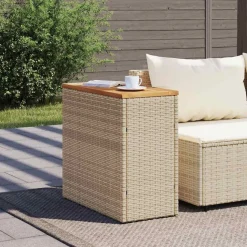 vidaXL Garten-Beistelltisch Holzplatte Beige 58x27,5x55 cm Poly Rattan