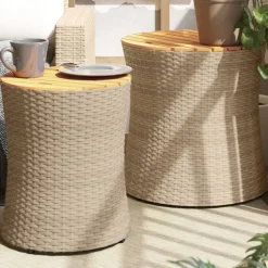 vidaXL Garten-Beistelltische 2 Stk. mit Holzplatte Beige Poly Rattan