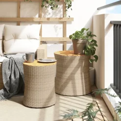 vidaXL Garten-Beistelltische 2 Stk. mit Holzplatte Beige Poly Rattan