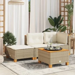 vidaXL Gartenhocker mit Kissen Beige 63,5x56x32 cm Poly Rattan