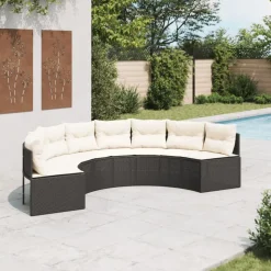 vidaXL Gartensofa mit Kissen Halbrund Schwarz Poly-Rattan