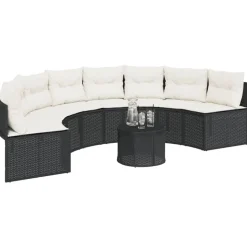 vidaXL Gartensofa mit Kissen Halbrund Schwarz Poly-Rattan