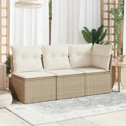 vidaXL Gartensofa mit Kissen 3-Sitzer Beige Poly Rattan