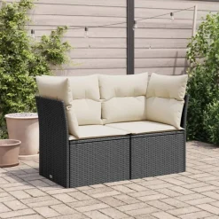vidaXL Gartensofa mit Kissen 2-Sitzer Schwarz Poly Rattan