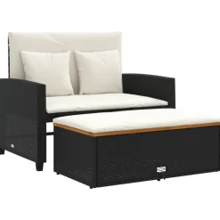 vidaXL Gartensofa mit Kissen 2-Sitzer Schwarz Poly Rattan&Akazienholz