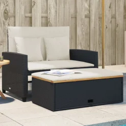 vidaXL Gartensofa mit Kissen 2-Sitzer Schwarz Poly Rattan&Akazienholz