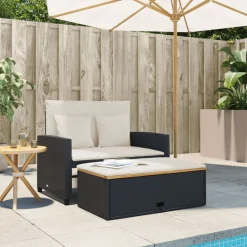 vidaXL Gartensofa mit Kissen 2-Sitzer Schwarz Poly Rattan&Akazienholz