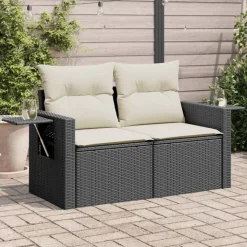 vidaXL Gartensofa mit Kissen 2-Sitzer Schwarz Poly Rattan