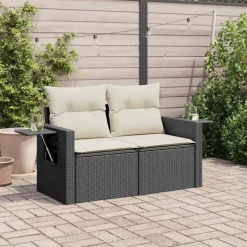 vidaXL Gartensofa mit Kissen 2-Sitzer Schwarz Poly Rattan