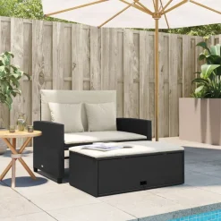vidaXL Gartensofa mit Kissen 2-Sitzer Schwarz Poly Rattan