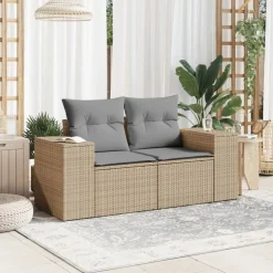 vidaXL Gartensofa mit Kissen 2-Sitzer Beige Poly Rattan
