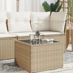 vidaXL Gartentisch mit Glasplatte Beige 55x55x37 cm Poly Rattan