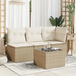 vidaXL Gartentisch mit Glasplatte Beige 55x55x37 cm Poly Rattan