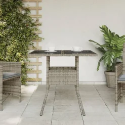 vidaXL Gartentisch mit Glasplatte Grau 80x80x75 cm Poly Rattan