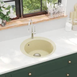 vidaXL Granitspüle Einzelbecken Rund Beige
