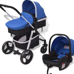 vidaXL 3-in-1 Kinderwagen Aluminium Blau und Schwarz