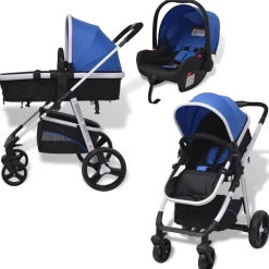 vidaXL 3-in-1 Kinderwagen Aluminium Blau und Schwarz