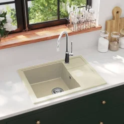 vidaXL Küchenspüle mit Überlauf Oval Beige Granit