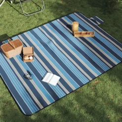 vidaXL Picknickdecke Faltbar Blau und Weiß Gestreift 200x150 cm Samt