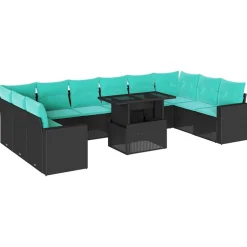 vidaXL 11-teiliges Gartensofa-Set mit Kissen, schwarzes Polyrattan