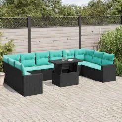 vidaXL 11-teiliges Gartensofa-Set mit Kissen, schwarzes Polyrattan