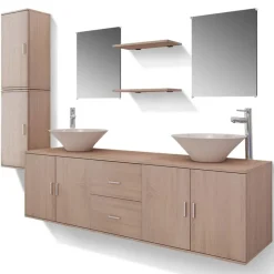 vidaXL 11-tlg. Badmöbel-Set mit Waschbecken und Wasserhahn Beige
