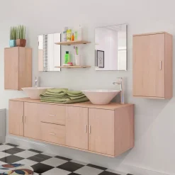 vidaXL 11-tlg. Badmöbel-Set mit Waschbecken und Wasserhahn Beige