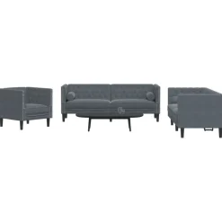 vidaXL 3-tlg. Chesterfield-Sofa-Set mit Nackenrollen Dunkelgrau Samt