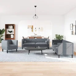 vidaXL 3-tlg. Chesterfield-Sofa-Set mit Nackenrollen Dunkelgrau Samt