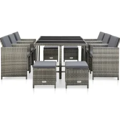 vidaXL 11-tlg. Garten-Essgruppe mit Auflagen Poly Rattan Grau
