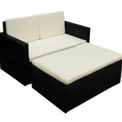 vidaXL 2-tlg. Garten-Lounge-Set mit Kissen Poly Rattan Schwarz