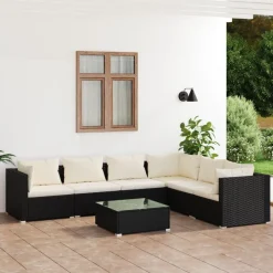 vidaXL 7-tlg. Garten-Lounge-Set mit Kissen Poly Rattan Schwarz