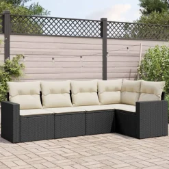 vidaXL 5-tlg. Garten-Sofagarnitur mit Kissen Schwarz Poly Rattan