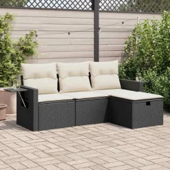 vidaXL 4-tlg. Garten-Sofagarnitur mit Kissen Schwarz Poly Rattan
