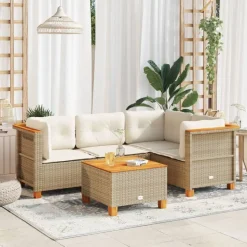 vidaXL 5-tlg. Garten-Sofagarnitur mit Kissen Beige Poly Rattan