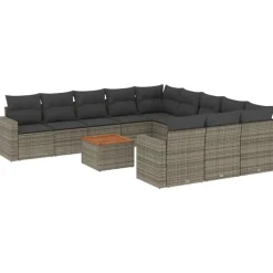 vidaXL 12-tlg. Garten-Sofagarnitur mit Kissen Grau Poly Rattan