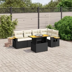 vidaXL 6-tlg. Garten-Sofagarnitur mit Kissen Schwarz Poly Rattan