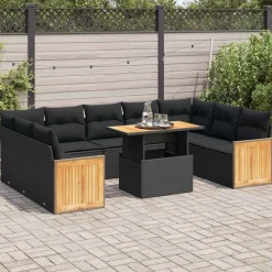 vidaXL 10-tlg. Garten-Sofagarnitur mit Kissen Schwarz Poly Rattan