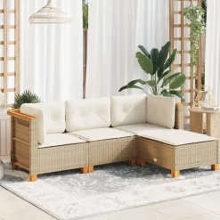 vidaXL 4-tlg. Garten-Sofagarnitur mit Kissen Beige Poly Rattan