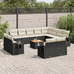 vidaXL 13-tlg. Garten-Sofagarnitur mit Kissen Schwarz Poly Rattan