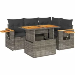 vidaXL 5-tlg. Garten-Sofagarnitur mit Kissen Grau Poly Rattan Akazie