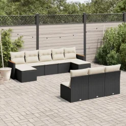 vidaXL 10-tlg. Garten-Sofagarnitur mit Kissen Schwarz Poly Rattan