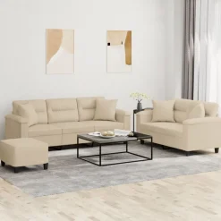 vidaXL 3-tlg. Sofagarnitur mit Kissen Creme Mikrofasergewebe