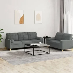 vidaXL 2-tlg. Sofagarnitur mit Kissen Dunkelgrau Stoff