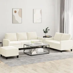 vidaXL 3-tlg. Sofagarnitur mit Kissen Creme Samt