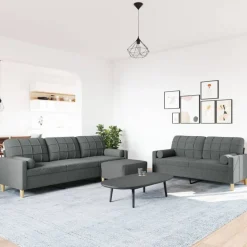 vidaXL 3-tlg. Sofagarnitur mit Fußhocker & Dekokissen Dunkelgrau Stoff